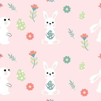 Seamless pattern of Easter bunnies, eggs, and flowers. graphics. vector