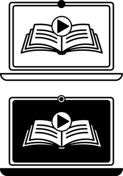 Online Course Icons. Black and White Icons. Laptop, Open Book, and Play Sign. Distance Learning, Online School, E-Learning. Online Education Concept vector