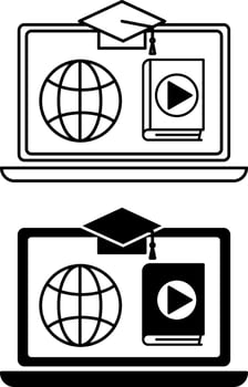 E Learning Icons. Black and White Icons. Laptop, Graduation Hat, World Wide Web, and Book with Play Sign. Distance Learning, Online School. Online Education Concept vector