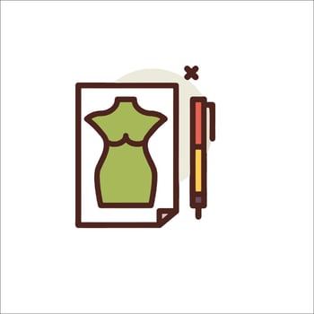 A dress form is shown with a pen and paper vector