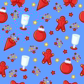 Christmas elements seamless pattern, with cute cartoon design style in blue background vector
