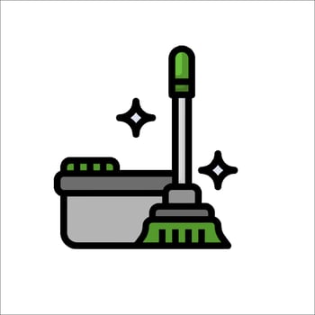 A green and white icon of a broom and a bucket vector