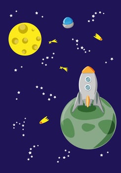 Space landscape with rocket standing on unknown planet - vertical vector