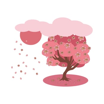 Blooming sakura and sun under clouds on white vector