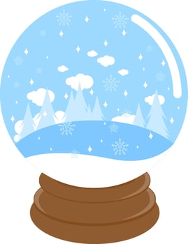 Beautiful winter landscape inside a snow globe. Snowy weather in cold season. Seasonal design with forest in the snow, clear blue sky and snowfall in a water globe. vector