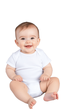 Laughing baby in white shirt sitting with legs apart, transparent background, cheerful face png