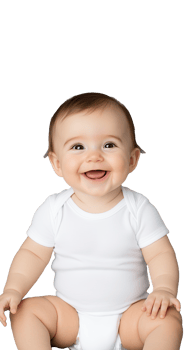 Smiling baby in white shirt sitting with hands in lap on transparent background png