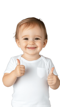Happy baby with thumbs up gesture in white shirt on transparent background, smiling png