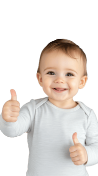 Smiling baby showing thumbs up with both hands in white shirt, transparent background png