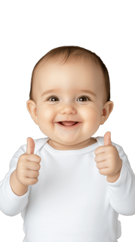 Cheerful baby in white shirt with thumbs up on transparent background, looking forward png