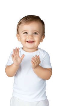 Smiling baby clapping hands in white shirt on transparent background, joyful expression png