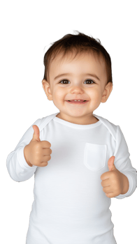 Cheerful baby in white shirt with thumbs up on transparent background, looking forward png