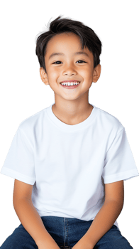 Smiling boy in white shirt sitting, hands on knees, transparent background, joyful expression png