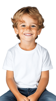 Happy boy in white shirt with blonde hair sitting, smiling on transparent background png