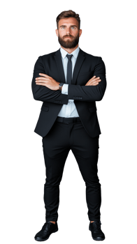 Confident businessman in a black suit with arms crossed on transparent background png