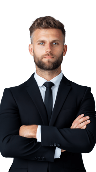 Businessman in black suit with serious expression, arms crossed on transparent background png