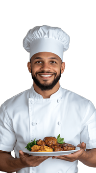 Smiling chef in white uniform holding a plate of food on transparent background png