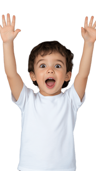 Excited child with hands raised in white shirt on transparent background, joyful expression png