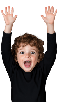 Excited child in black shirt with hands raised, joyful expression on transparent background png