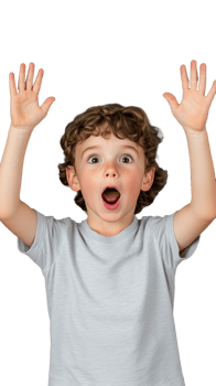 Surprised child in grey shirt with hands raised, excited expression on transparent background png