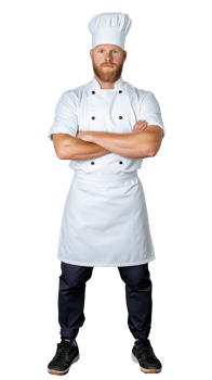 Confident chef in white uniform and black pants with arms crossed on transparent background png