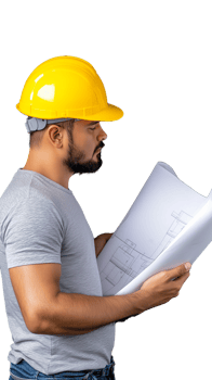 Construction engineer with yellow helmet holding blueprints, planning on transparent background png