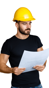 Construction worker in black shirt holding blueprints and wearing a yellow helmet, transparent background png