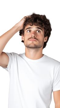 Man in white shirt scratching his head with confused expression on transparent background png