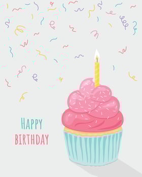 Birthday card with a cupcake, candle, and confetti on a light background vector