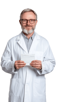 Elderly male doctor in lab coat holding a medical form, smiling on transparent background png
