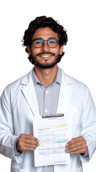 Male doctor with glasses holding a clipboard, smiling on transparent background, professional look png