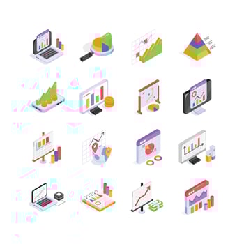 This vibrant set of isometric icons depicts various aspects of data analysis, vector