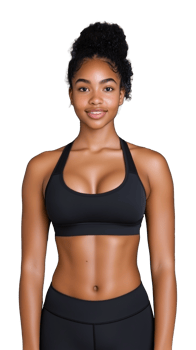 Athletic woman in black sports bra with hair bun posing confidently on transparent background png