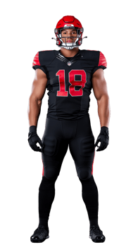 American football player in black and red uniform posing confidently on transparent background png