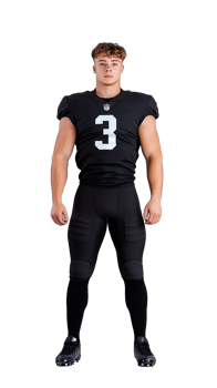 Male football player in black uniform posing confidently on transparent background png