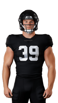 Football player in black uniform and helmet posing confidently on transparent background png