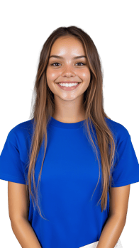 Smiling young woman in blue shirt on transparent background, cheerful and confident expression png