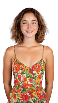 Smiling young woman in floral summer dress on transparent background, cheerful and confident png