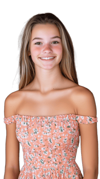 Smiling young woman in floral off-shoulder dress on transparent background, cheerful expression png