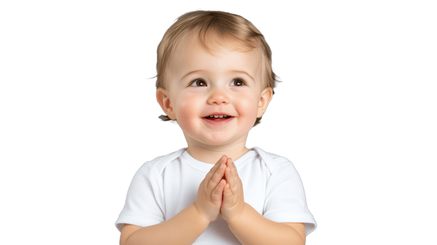 Smiling baby in white shirt clapping hands on transparent background, joyful expression png