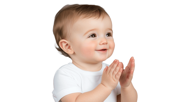 Happy baby in white shirt clapping hands on transparent background, smiling expression png