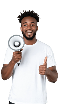 Smiling man holding a megaphone and giving thumbs up on transparent background, cheerful expression png