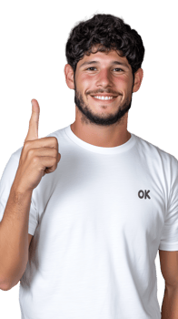 Smiling man in white shirt pointing upward on transparent background, confident and positive expression png