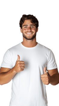 Smiling man in white shirt giving thumbs up on transparent background, cheerful and positive expression png