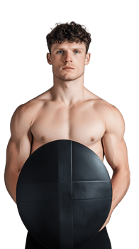 Shirtless man holding a black shield on transparent background, serious and focused expression png