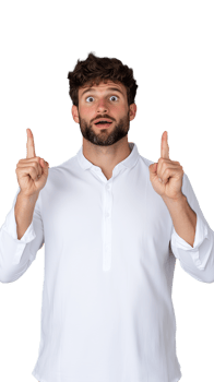 Surprised man in white shirt pointing upward on transparent background, shocked and excited expression png
