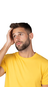 Confused man in yellow shirt scratching his head on transparent background, uncertain expression png