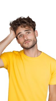 Young man in yellow shirt scratching his head on transparent background, confused and puzzled expression png