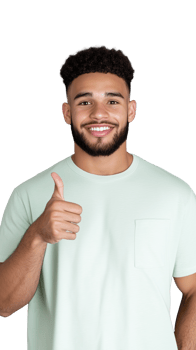 Smiling man in green shirt giving thumbs up on transparent background, cheerful and positive expression png