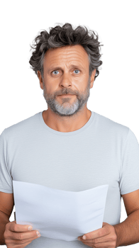 Serious man in grey shirt holding paper on transparent background, focused and thoughtful expression png